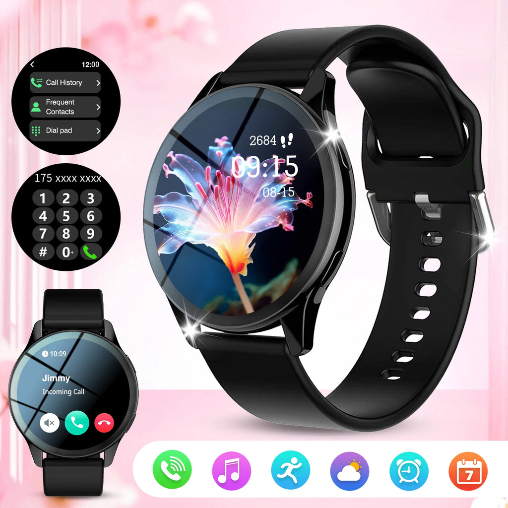 Sleek black multi-sport smartwatch featuring a round touchscreen, wireless calling, and customisable dial interfaces.