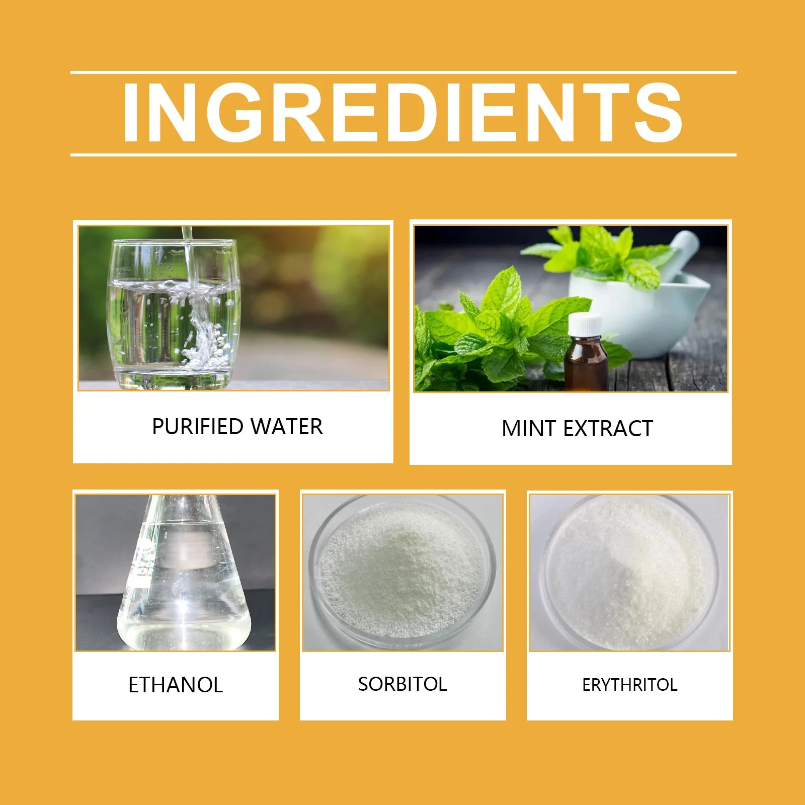 Yellow infographic showing ingredients: purified water, mint extract, ethanol, sorbitol, and erythritol.