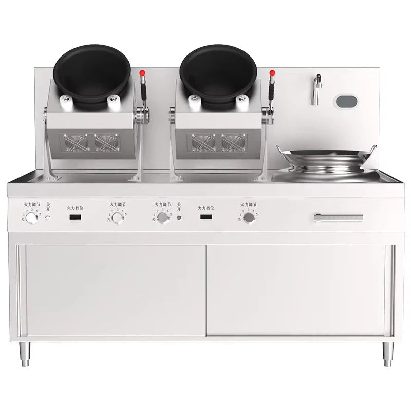 Stainless steel commercial kitchen range with two tilting woks, a flat burner, and rotary control knobs.