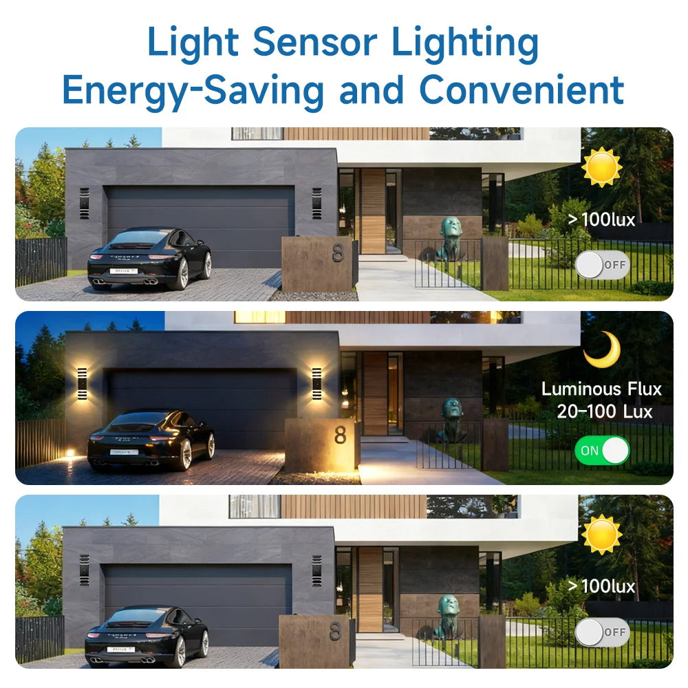 Modern black rectangular outdoor LED wall light, showing automatic light sensor function from day to night.
