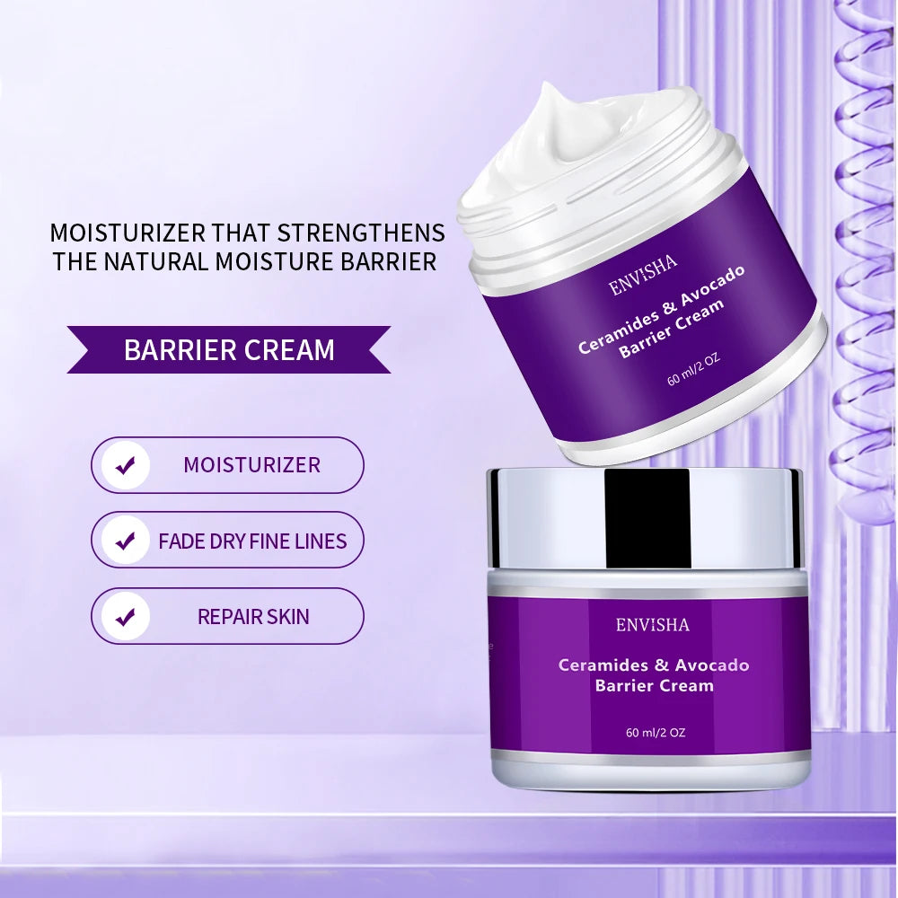 Purple pots of Ceramides & Avocado barrier cream with thick white moisturizer, designed to repair and hydrate skin.