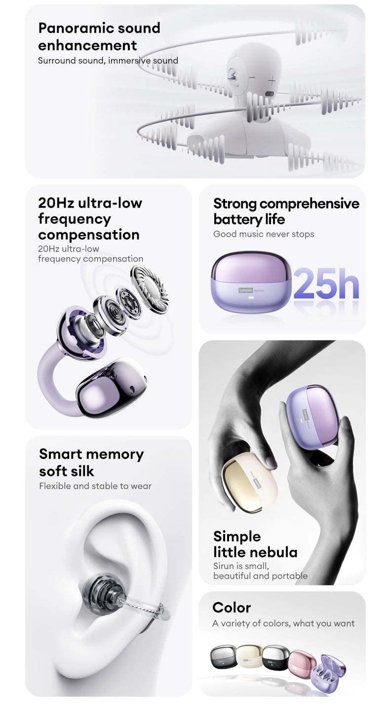 Infographic for ergonomic, flexible wireless earbuds in various metallic colors with panoramic sound and long battery life.