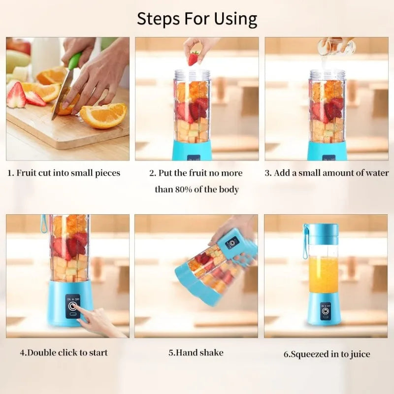 Six-step instructional graphic showing how to use a portable, light blue electric blender to make fresh fruit juice.