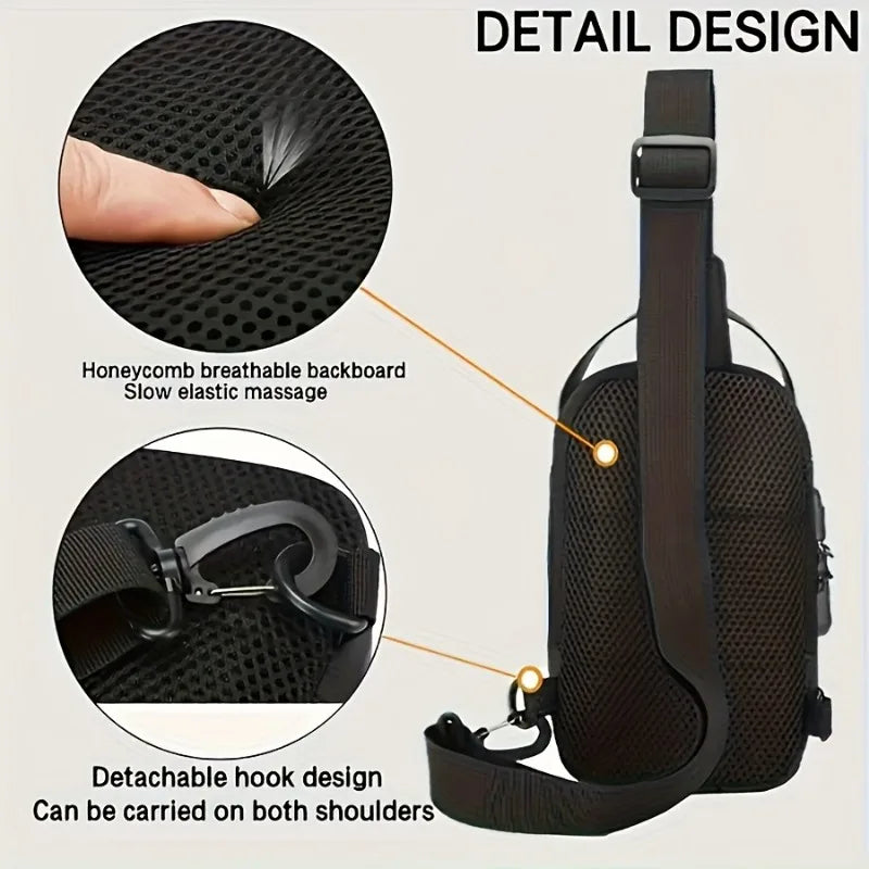 Black sling crossbody bag with a breathable honeycomb back and a versatile, detachable shoulder strap hook.