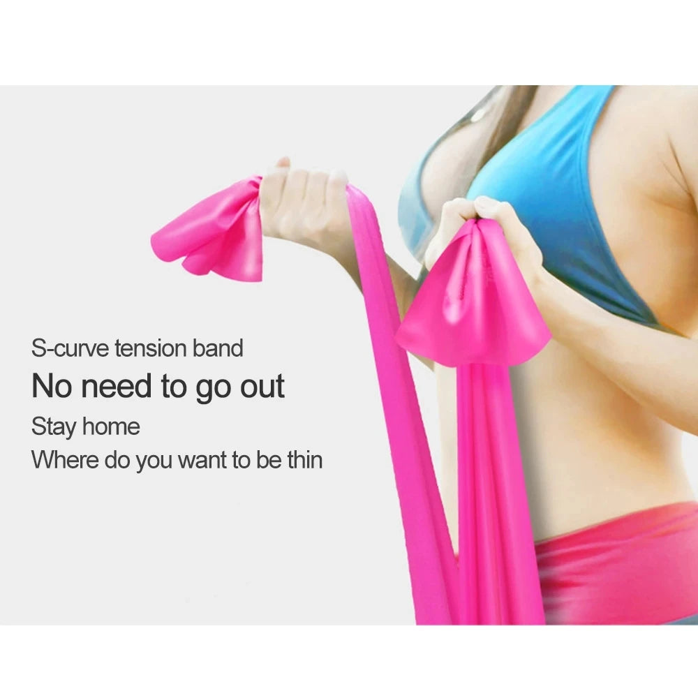 A person in activewear holding a bright pink resistance band, with overlaid text about home fitness.