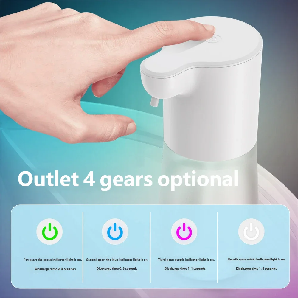 White automatic touchless foam soap dispenser with a hand pressing the button and four adjustable output settings.