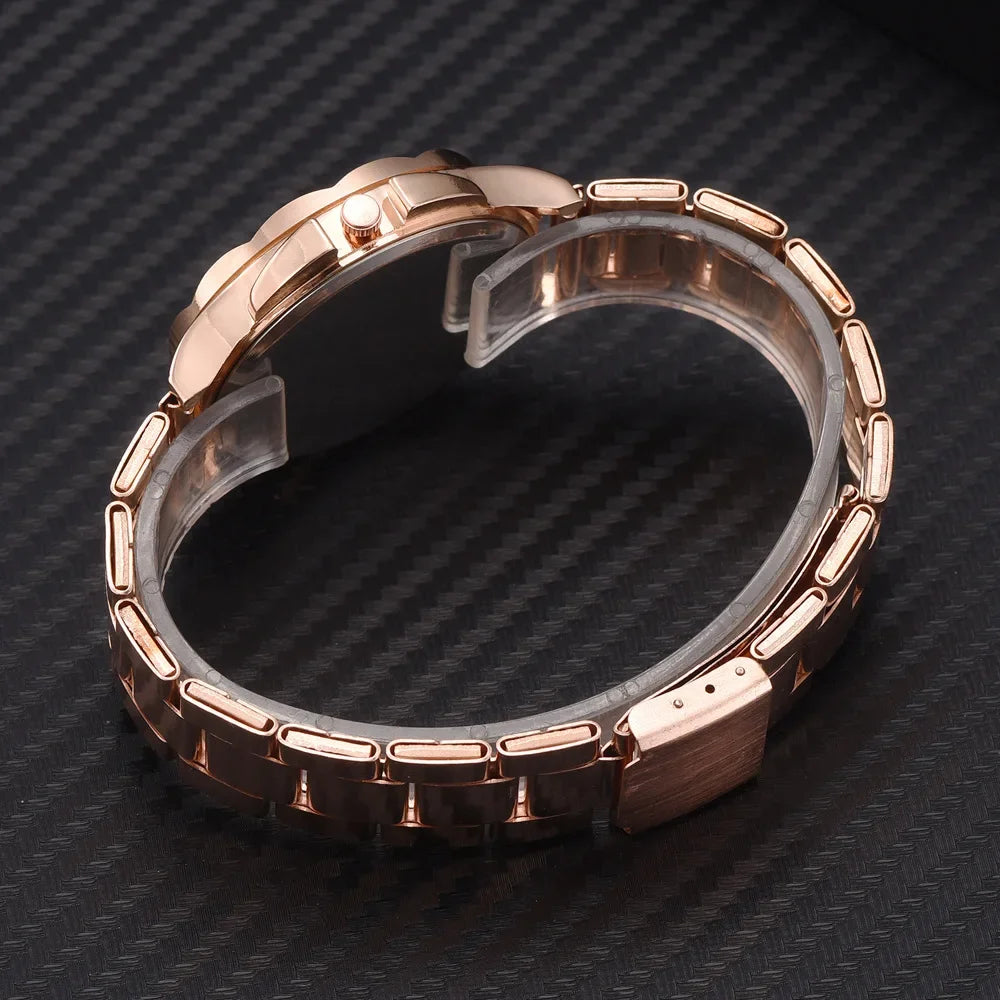 Elegant ladies' rose gold stainless steel fashion watch with a polished link bracelet and secure clasp.