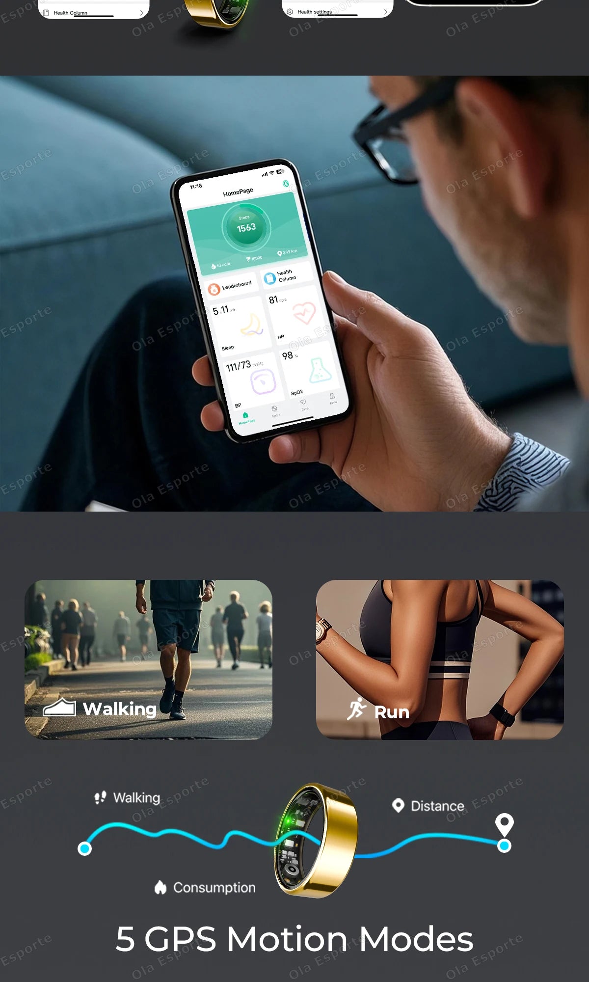 A person checking health data on a phone with a sleek, polished gold smart fitness ring and sports tracking modes.
