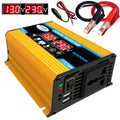 Yellow 4000W DC to AC power inverter with digital voltage display, USB ports, AC socket, and included battery cables.