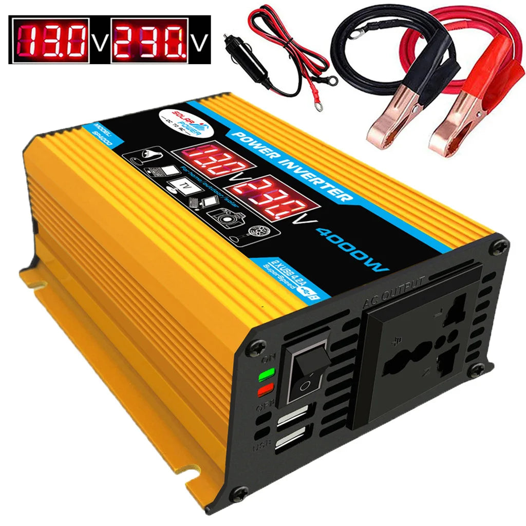 Yellow 4000W DC to AC power inverter with digital voltage display, USB ports, AC socket, and included battery cables.