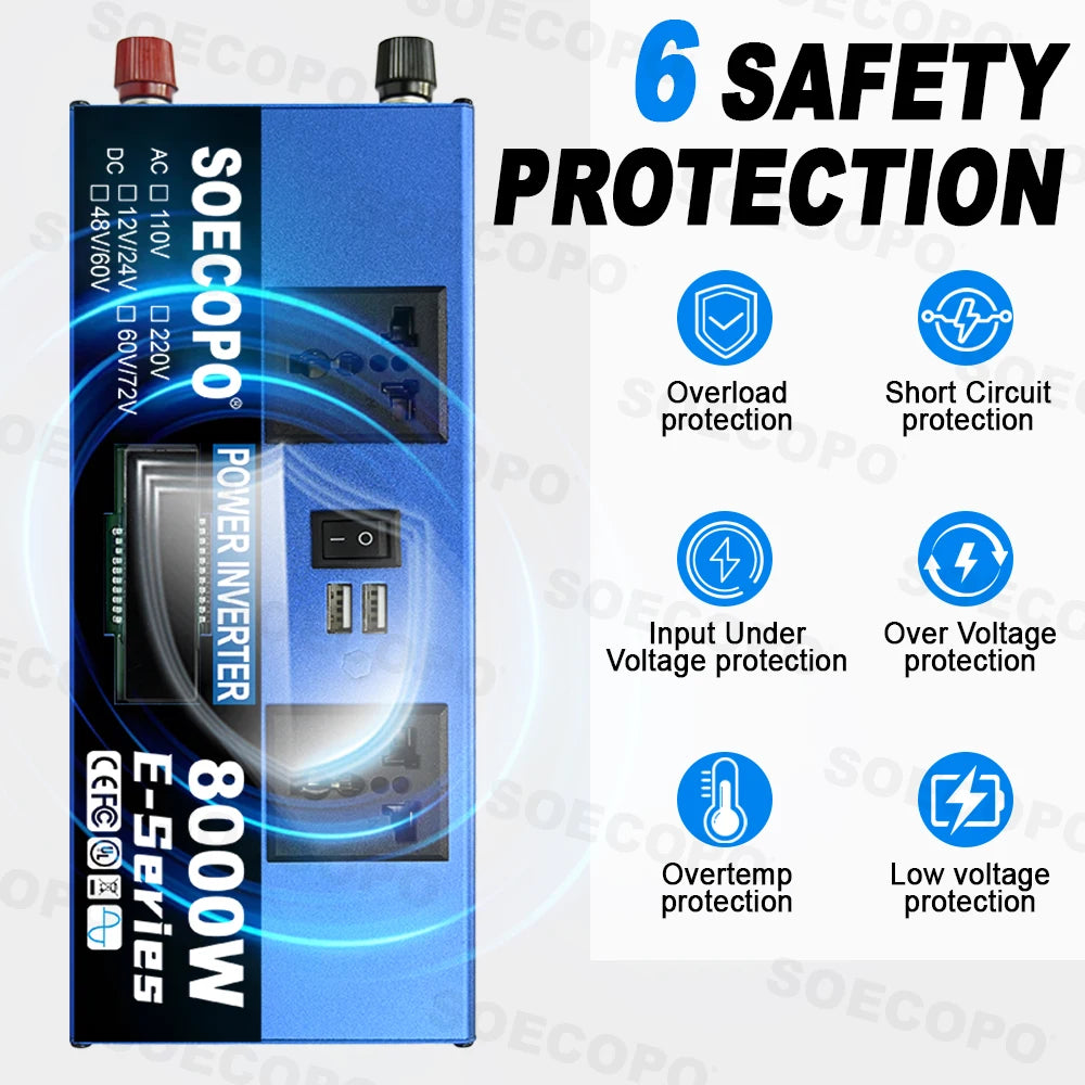 Blue 8000W car power inverter with digital display, dual AC outlets, USB ports and six safety protection features.