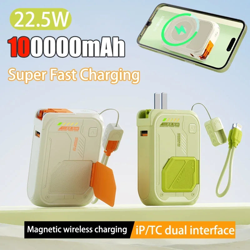 Cream and green 10,000mAh magnetic wireless power banks with integrated phone stands, cables, and fast-charging capability.