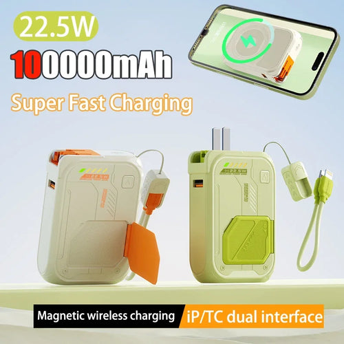 Cream and green 10,000mAh magnetic wireless power banks with integrated phone stands, cables, and fast-charging capability.
