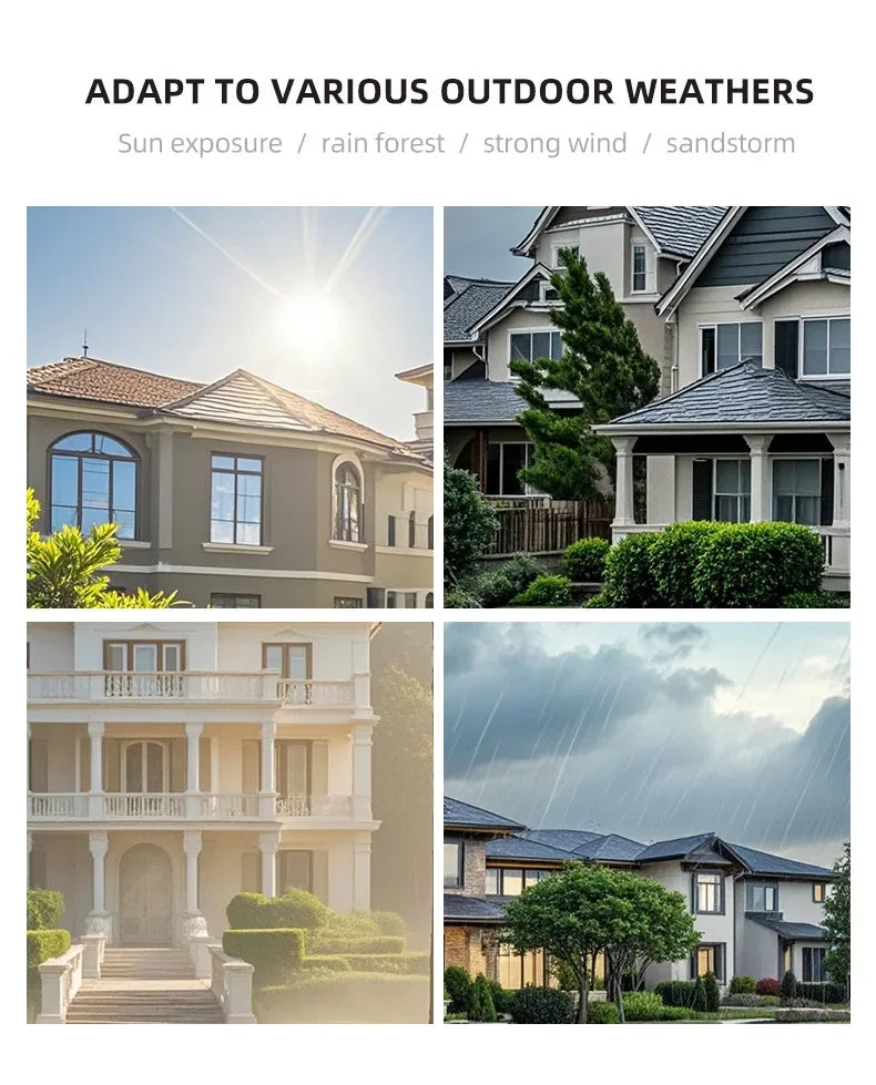 A four-panel collage showing houses in various outdoor weather conditions, illustrating a durable, weatherproof design.