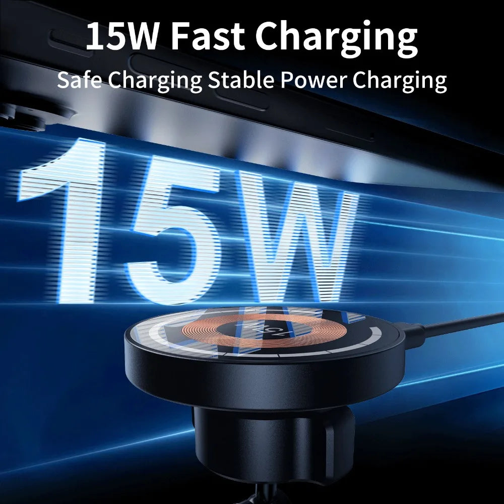 Black, circular 15W wireless fast charger with visible internal copper coil design against a blue light-streaked background.