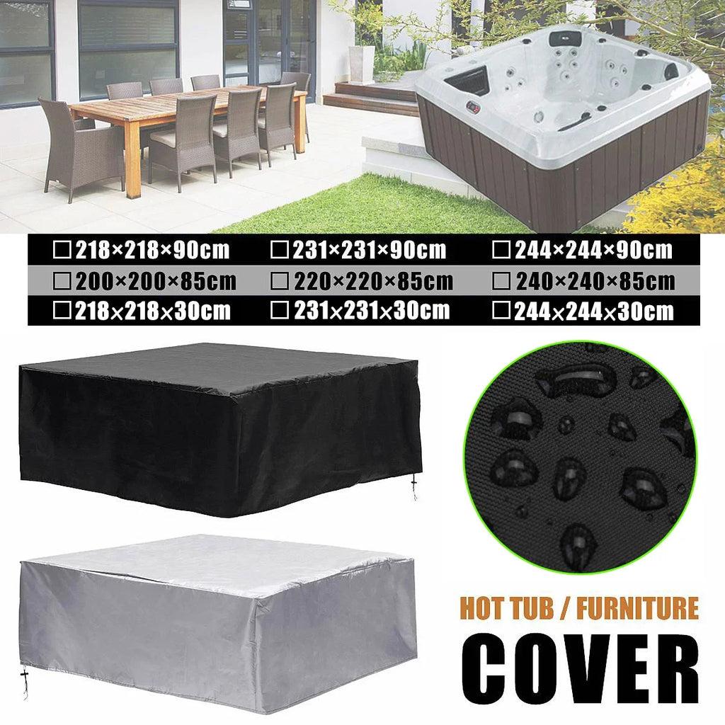 Hot tub cover with black and silver options, showing dimensions and waterproof fabric.
