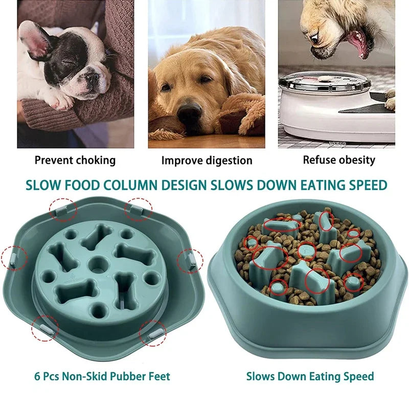 Teal, hexagonal slow-feeder dog bowl with bone-shaped obstacles to slow eating and six non-skid feet.