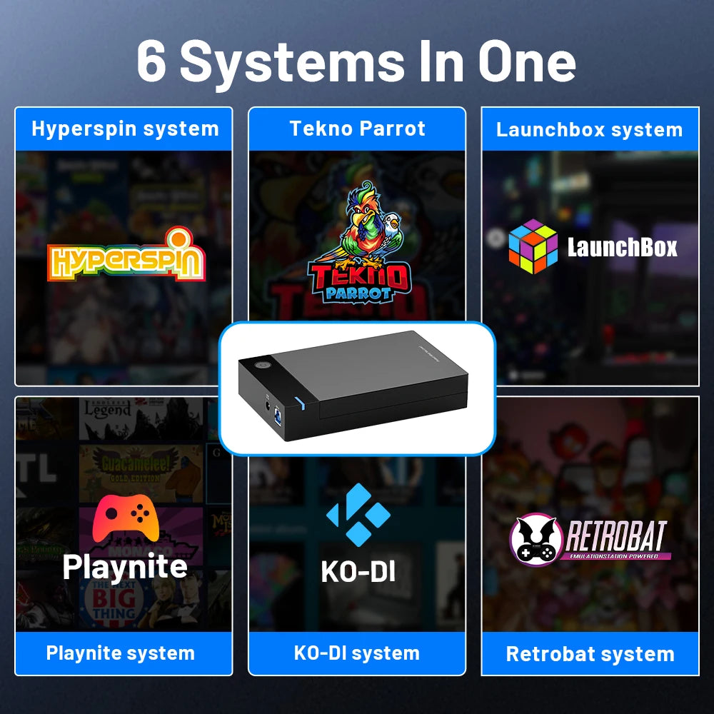 Black rectangular 12TB gaming hard drive with power button, blue indicator light, and rear connection ports.
