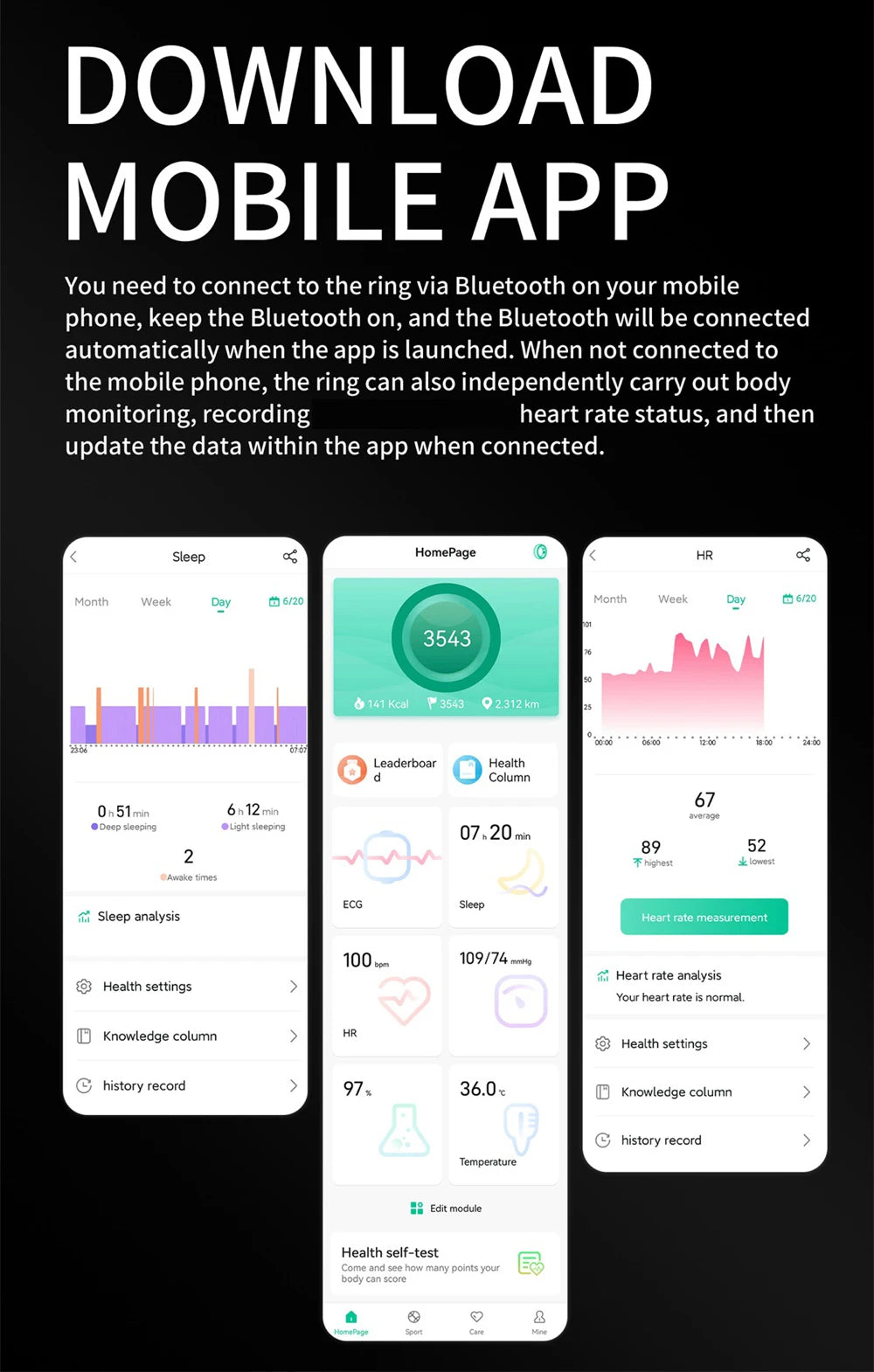 Three mobile app screens showing data dashboards for a smart ring, including sleep, heart rate, and health metrics.