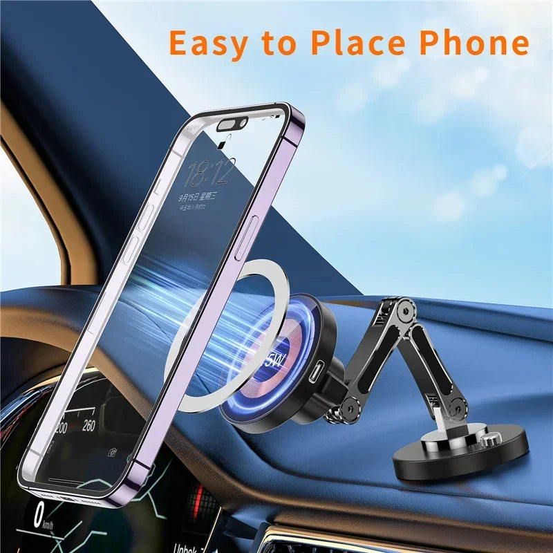 Magnetic black phone mount with an adjustable arm and glowing circular base attached to a car dashboard.