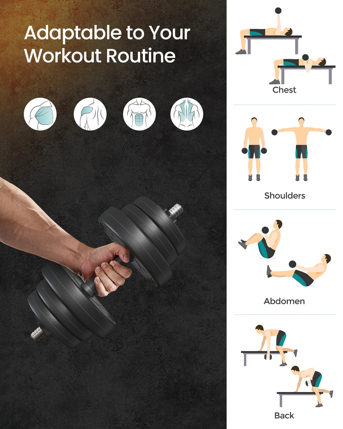 Black 2-in-1 adjustable dumbbell set with plastic-coated weight plates held by a person.
