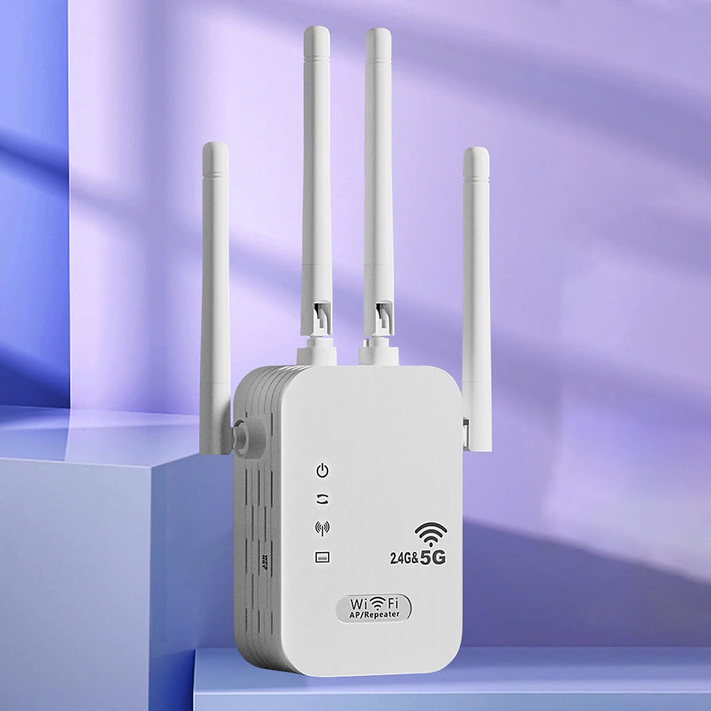 White dual-band WiFi repeater with four adjustable antennas, status icons, and '24G & 5G' label.
