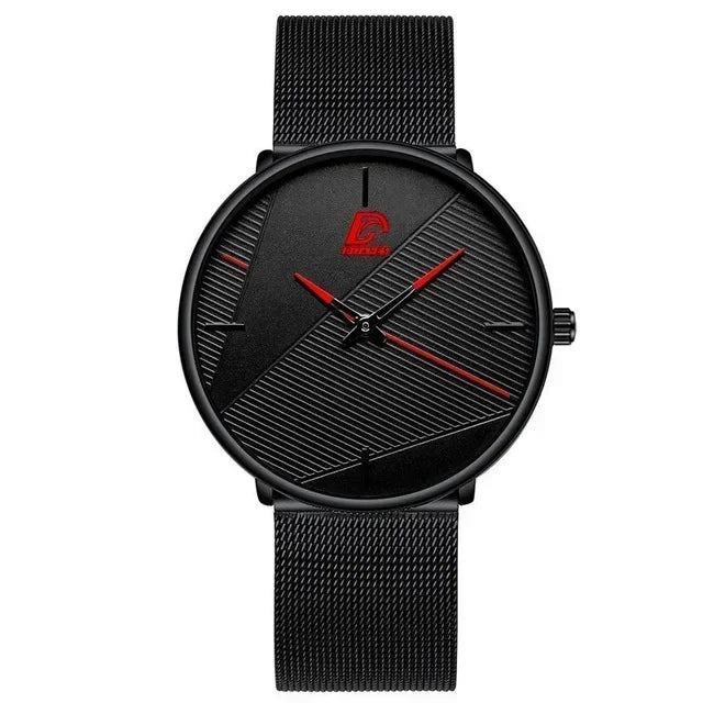 Minimalist black quartz watch featuring an ultra-thin design and a metal mesh strap with red accent hands and detailing.