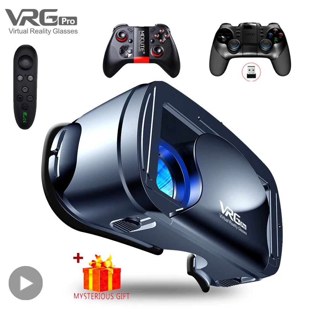 Blue VRG Pro virtual reality headset and lenses, with optional game controllers and a gift box.