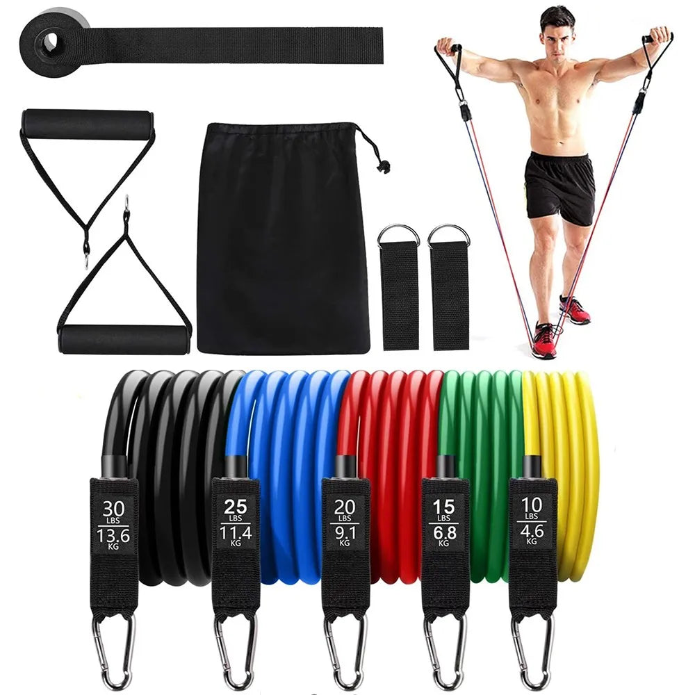 11-piece resistance band set with black, blue, red, green, yellow tubes, handles, door anchor, and carry bag.