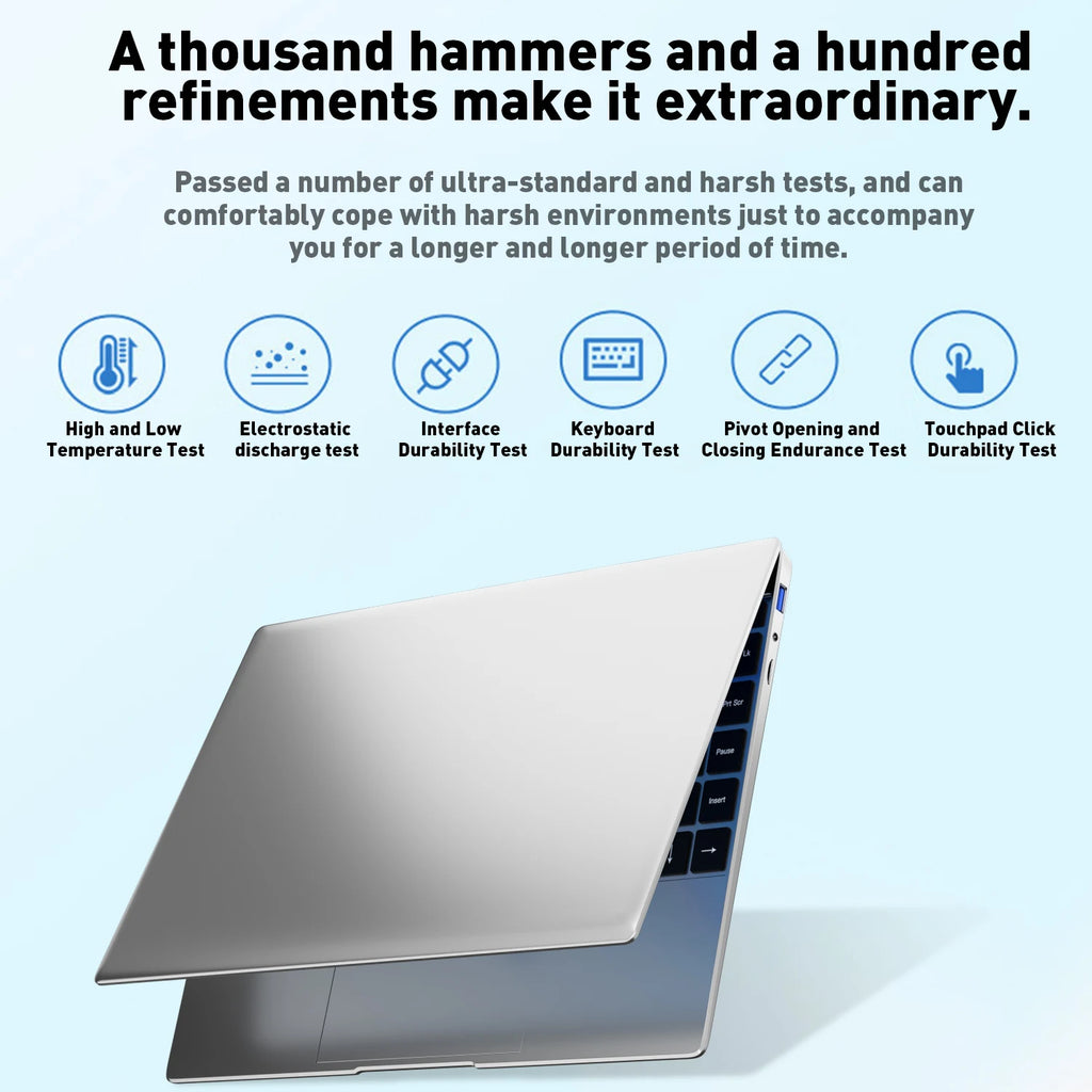 Sleek silver 14.1-inch ultra-slim laptop shown with durable build test icons above.