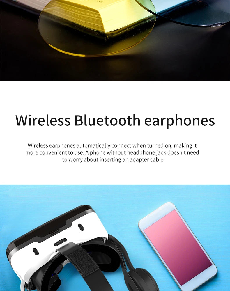 White and black 3D virtual reality headset with integrated headphones next to a smartphone on a light blue background.