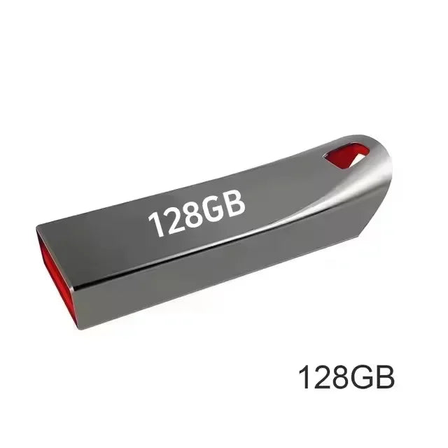Sleek silver metal 128GB USB flash drive with a red interior and keyring loop.