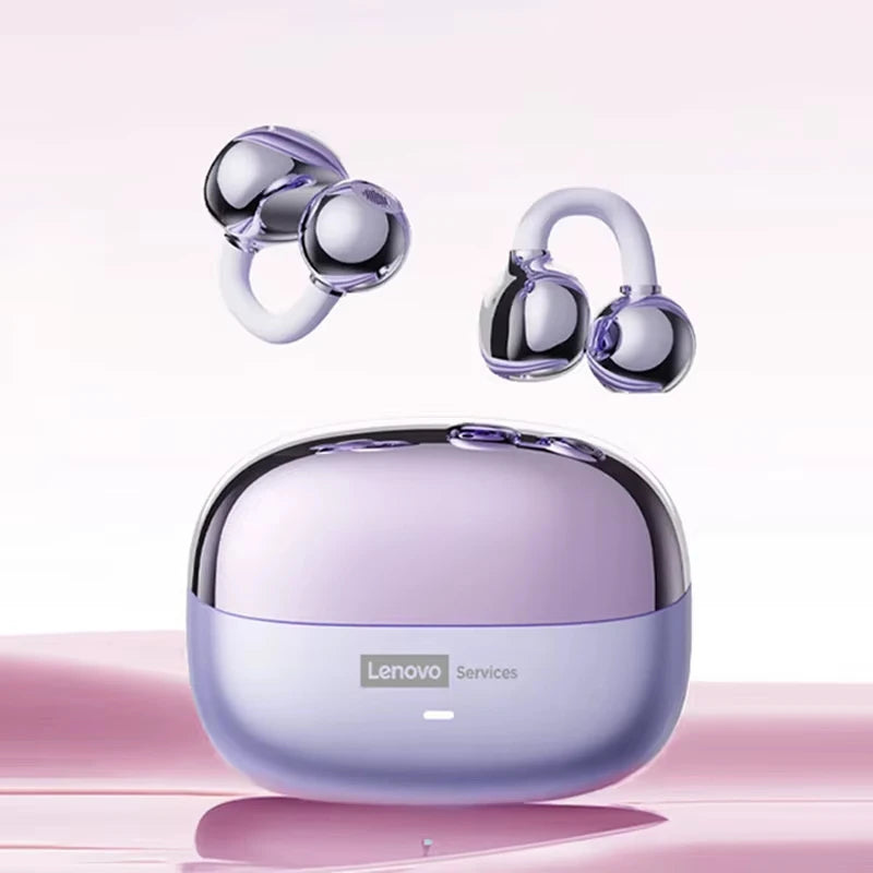 Ear-cuff style wireless earbuds in metallic purple with a matching oval charging case.