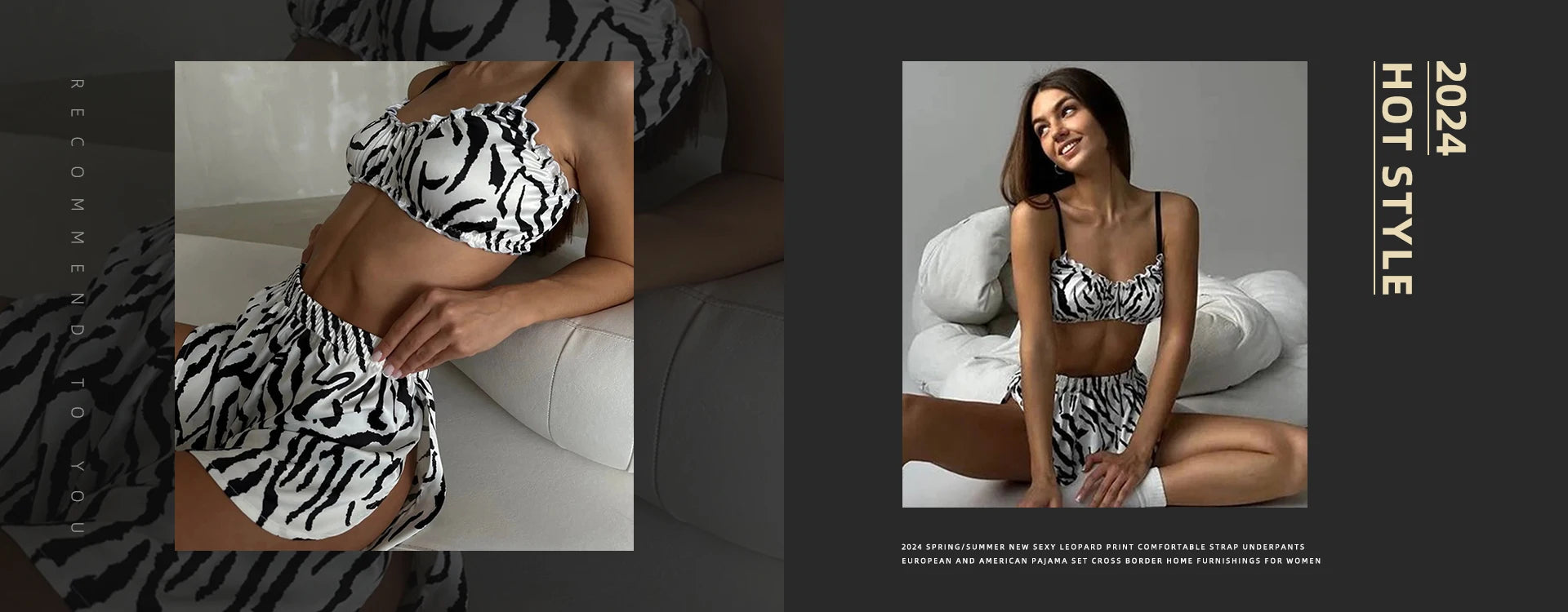 Women's black and white zebra print two-piece pajama set featuring a ruffled crop top and matching shorts.