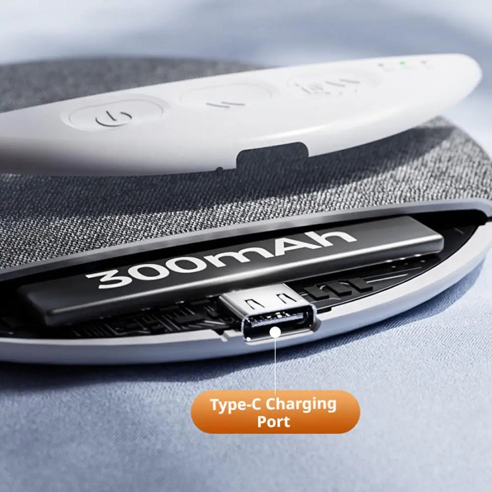 White and grey circular under-pillow Bluetooth speaker, showing 300mAh battery and Type-C charging port.