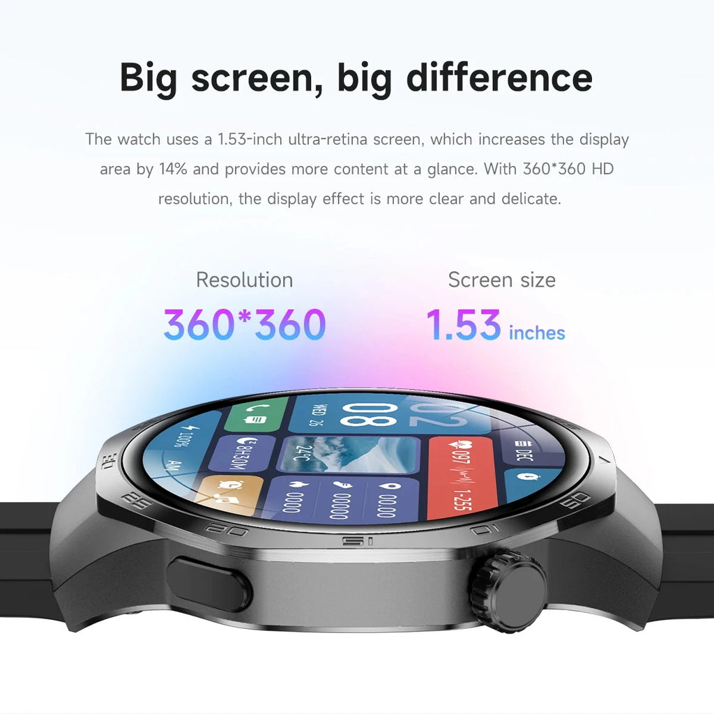 Smartwatch with a black circular bezel, silicone strap and a high-resolution touchscreen display showing app widgets.