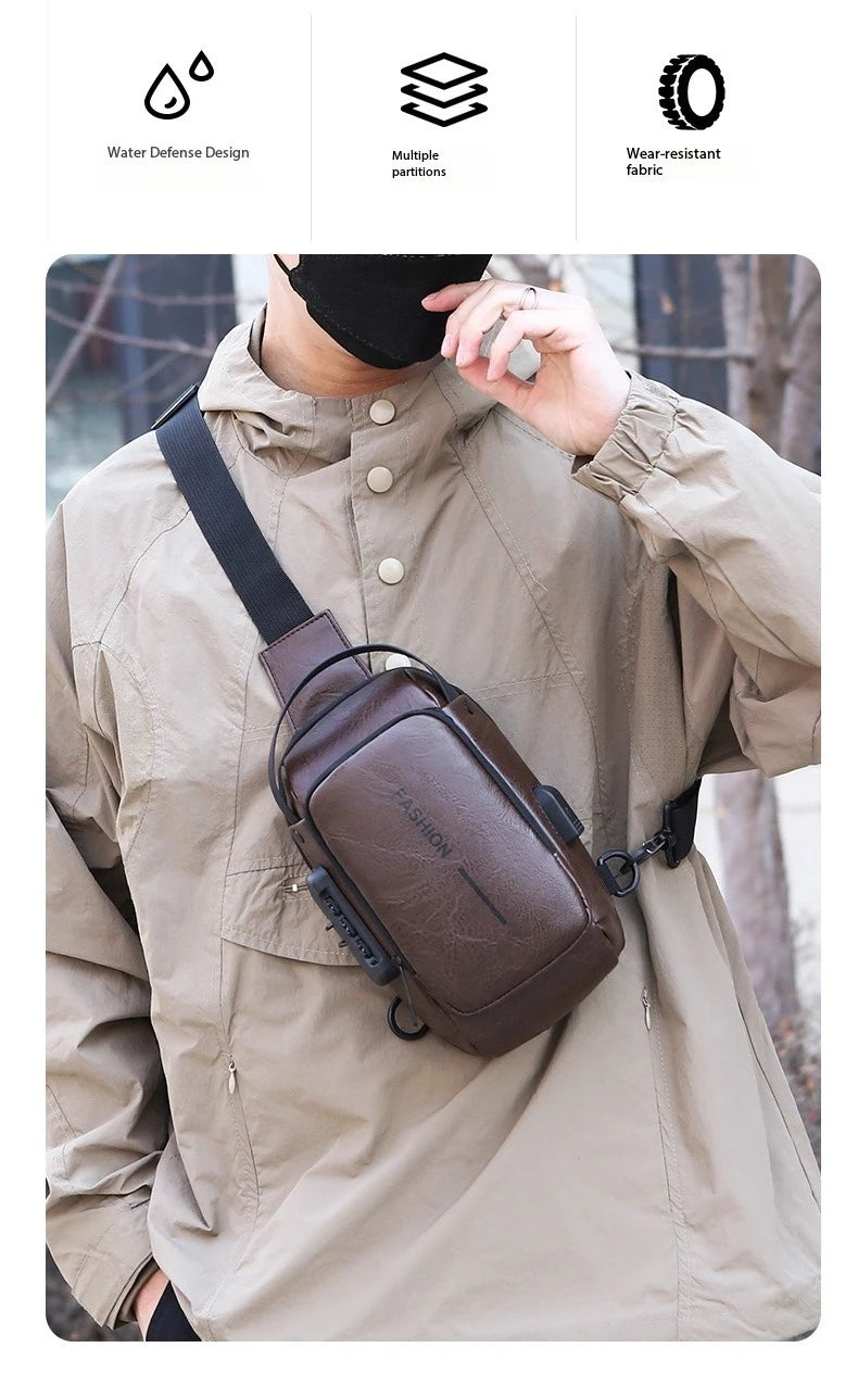 Brown faux leather anti-theft sling bag worn across the chest, featuring a secure zip lock and integrated USB port.