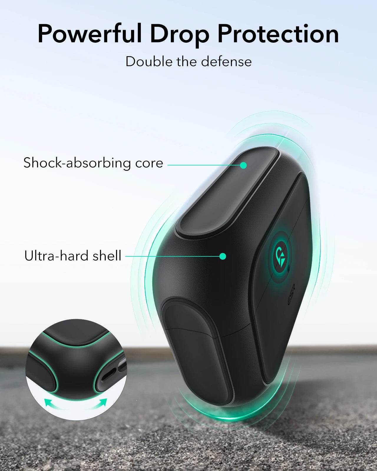 Black, shock-absorbing AirPods Pro case with a hard, protective outer shell.