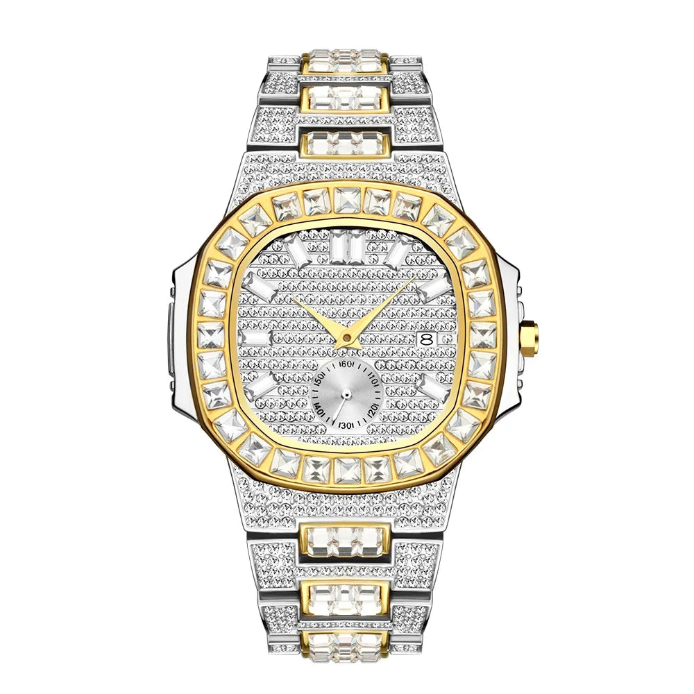 Silver and gold men's iced-out quartz watch with pavé zircon stones, round bezel, and crystal-inlaid bracelet.
