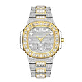Silver and gold men's iced-out quartz watch with pavé zircon stones, round bezel, and crystal-inlaid bracelet.