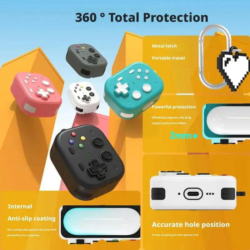 Retro game controller-style AirPods Pro 3 protective silicone cases in various colours, with a metal heart keyring.