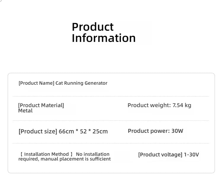 Technical specifications table for a metal cat fitness exercise wheel, including dimensions, weight, and power output.
