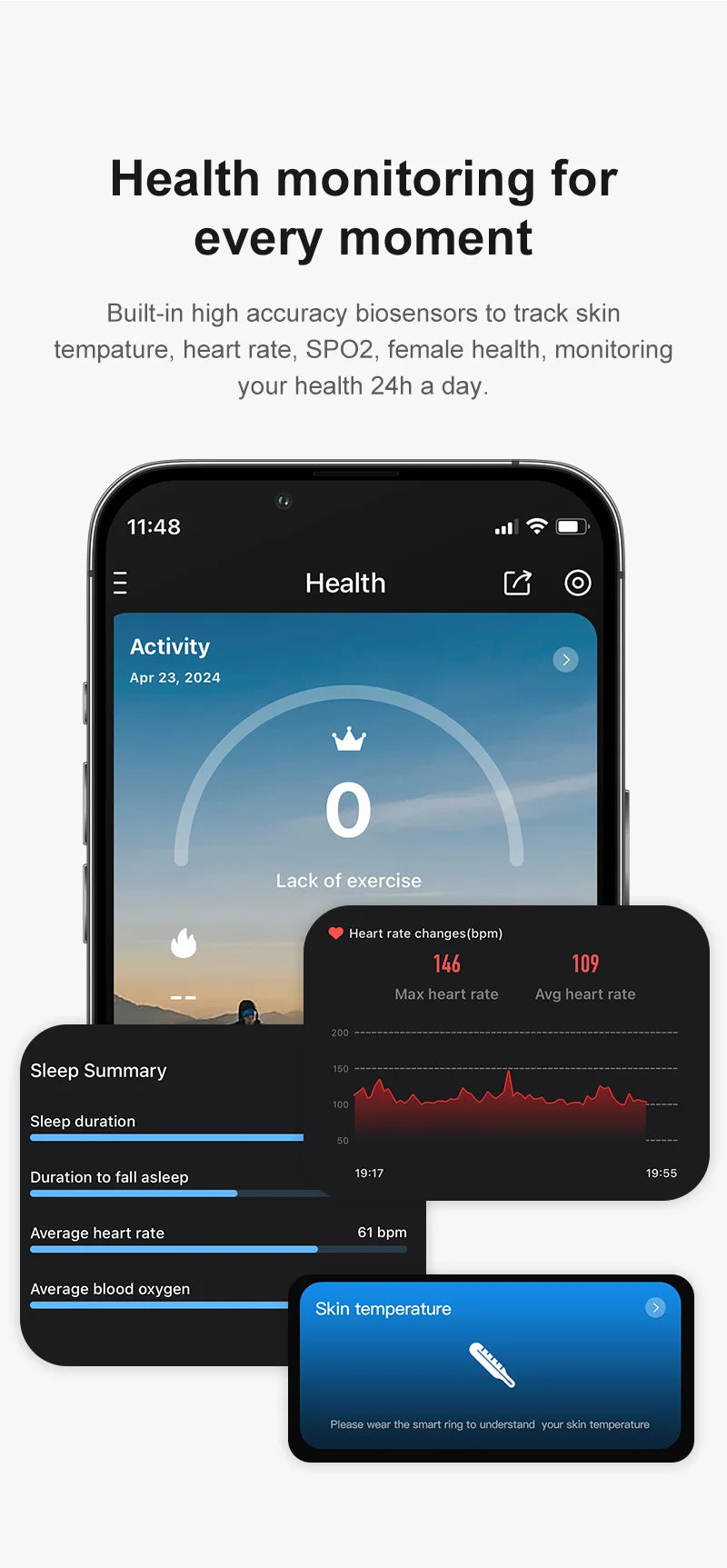 Smartphone app displaying health data: activity goals, heart rate charts, sleep summaries, and skin temperature tracking.