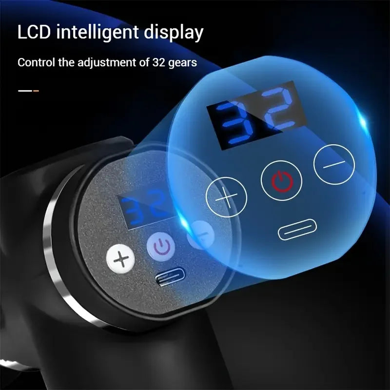 Black mini massage gun featuring a round LCD digital display showing 32 speed gears, plus, minus, and power buttons.