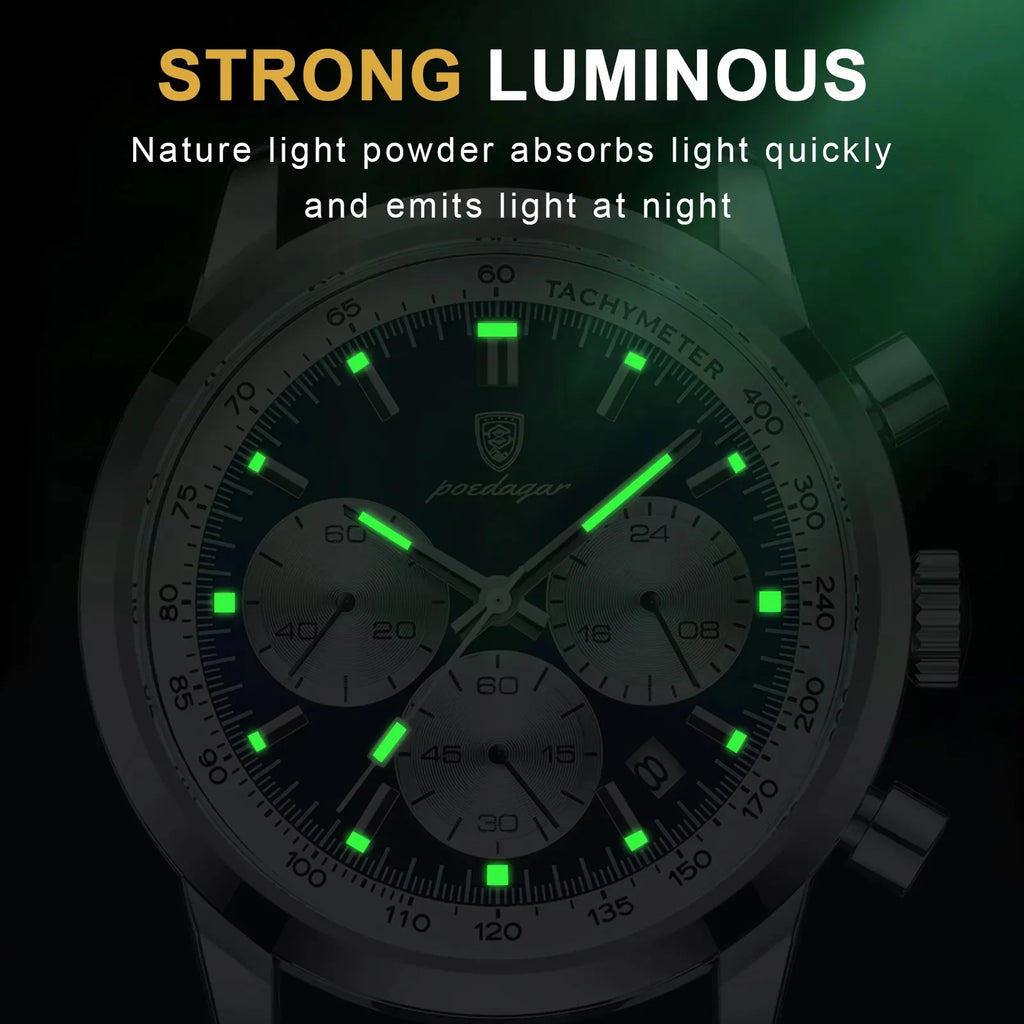 POEDAGAR round men's chronograph watch with dark dial, silver case, and bright green luminous hands and hour markers.