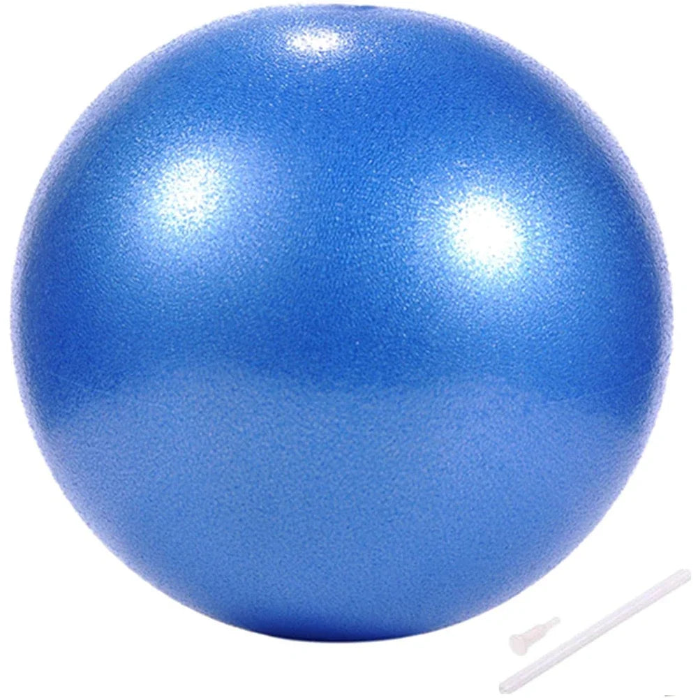 A textured blue inflatable yoga ball shown with its plastic inflation straw and plug against a white background.