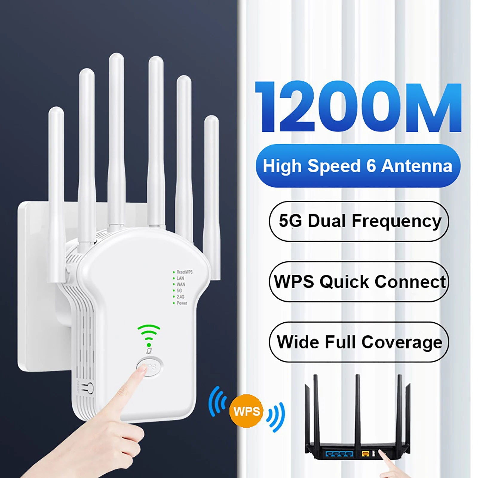 White 1200Mbps WiFi range extender with 6 antennas, featuring dual-band support and a convenient WPS quick-connect button.