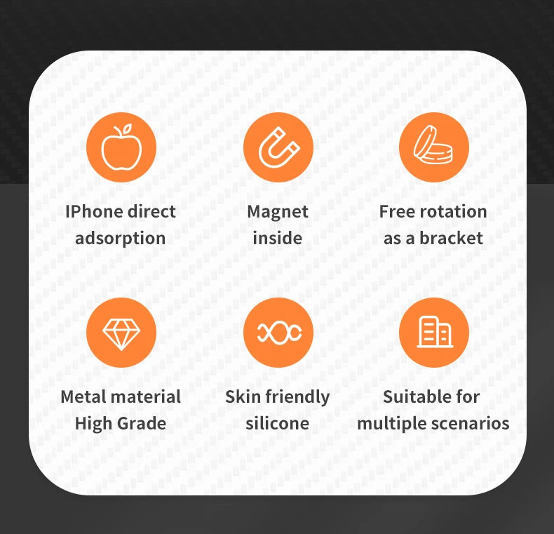 Infographic with six orange icons showing product features: magnetic attachment, rotation, metal build, and silicone.