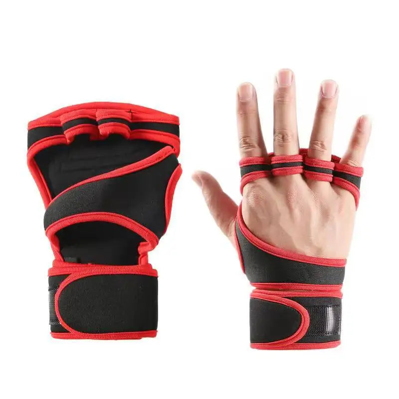 Black and red weightlifting gloves with finger loops and adjustable wrist wrap support, shown worn on a hand.