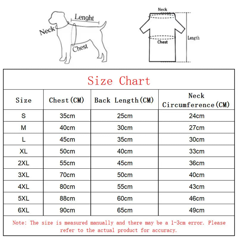 Dog jersey size chart with outline diagrams showing neck, chest, and length measurements from S to 6XL.